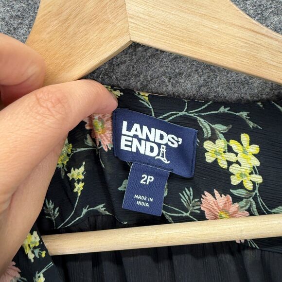 Lands' End Dress Women 2P Petite Black Floral Shift Short V-Neck Long Sleeve - Picture 3 of 7